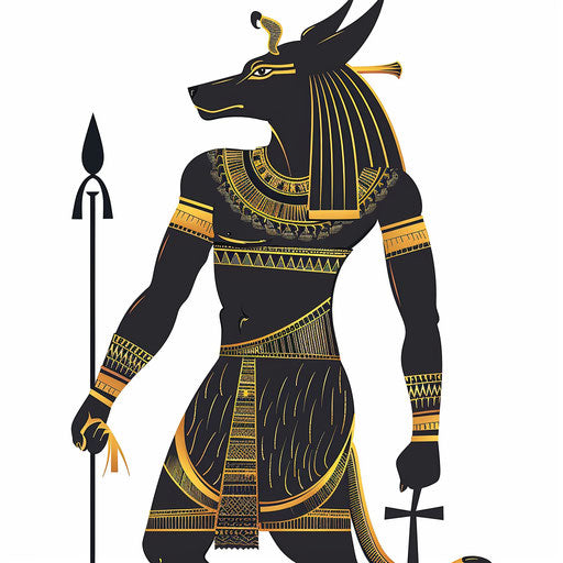 Egyptian god Anubis, stylized tribal design in gold and black