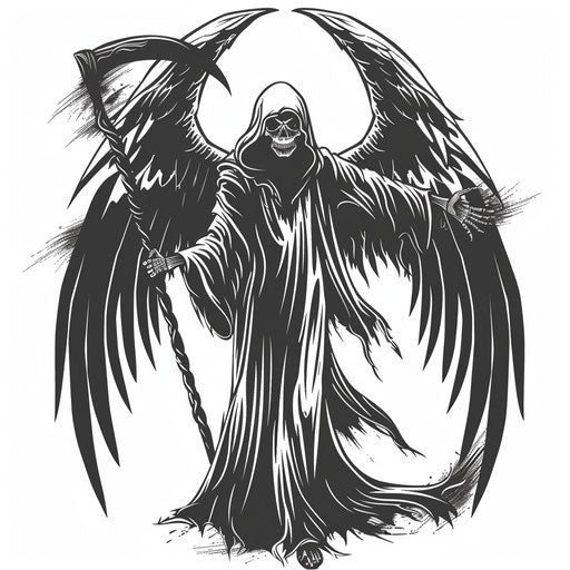 Beautiful flat clipart style tattoo sketch of the angel of death with a scythe, in black and white
