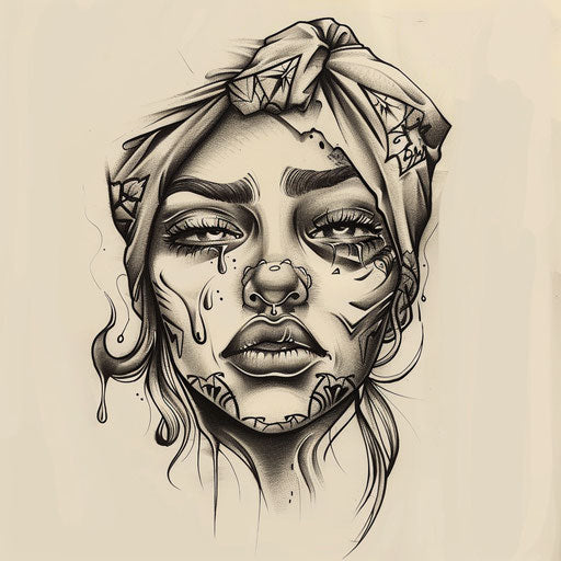 Tattoo sketch of a Chicano art female face with tear drop and bandana, soft and expressive