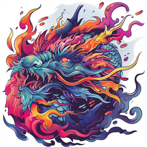 Dragon breathing fire clipart sketch, colorful style