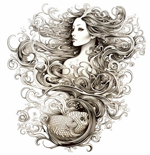 Mermaid drawing on white background, sculpted, exotic