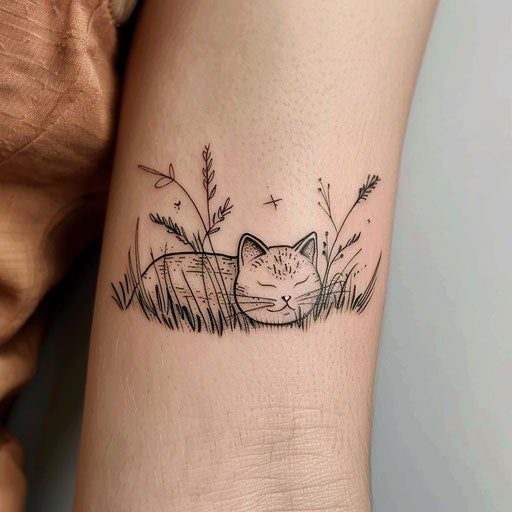 A serene tattoo sketch of a cat lying in grass