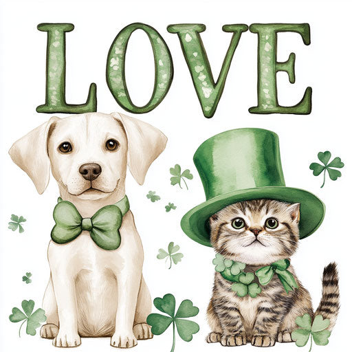 St. Patrick's Day, a cute Labrador Retriever and a cat wearing green hats with clovers, with a large 'LOVE' clipart on a white background without a shadow