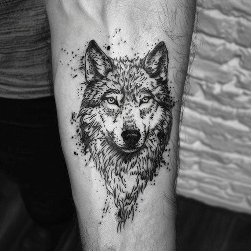 Simple tattoos for men of a wolf, in the style of David Palumbo
