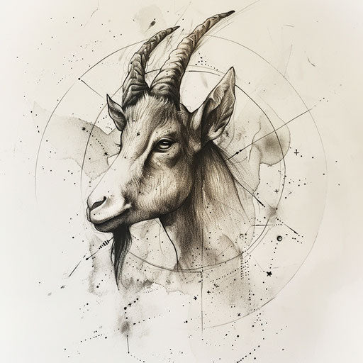 Capricorn constellation tattoo in fine art style, charcoal texture