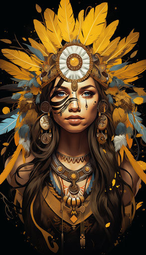 Indian woman with feathers in hair and headdress, cartoon style