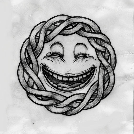 Celtic knot style smiley face tattoo, interlocking patterns, on white field