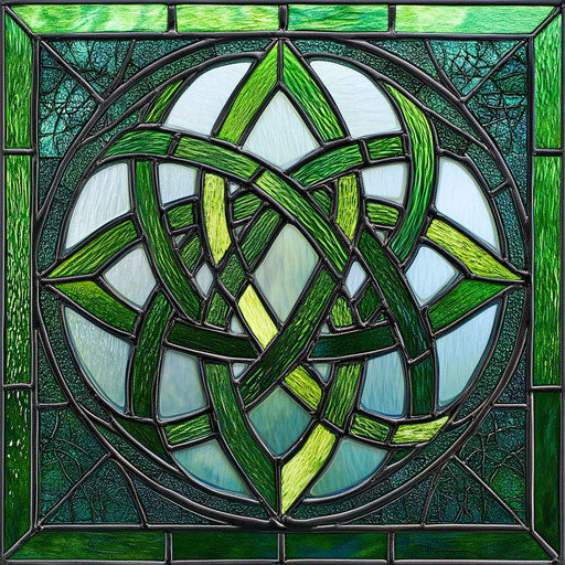 Stained glass with Celtic motifs in green, symmetrical design