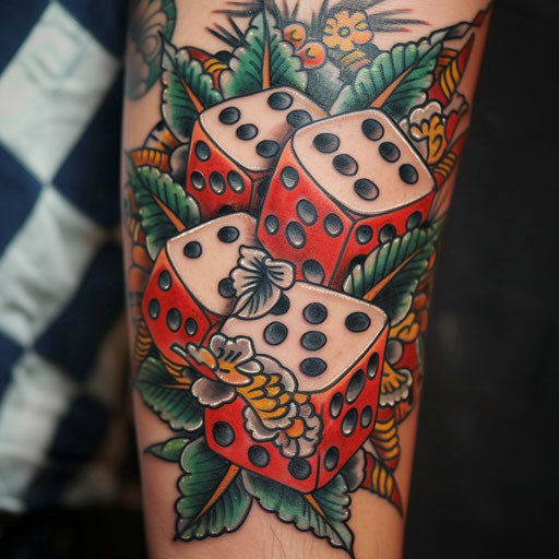 Dice tattoo with Japanese influences, in the style of Ami James