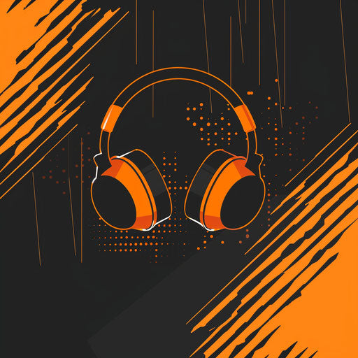 Audio logo in orange and black with a vibrant background