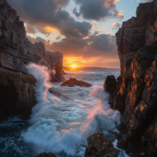 Cove with jagged cliffs and roaring waves