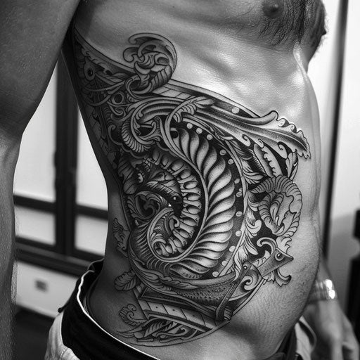 Rib tattoos men intricate details, Guy Aitchison style