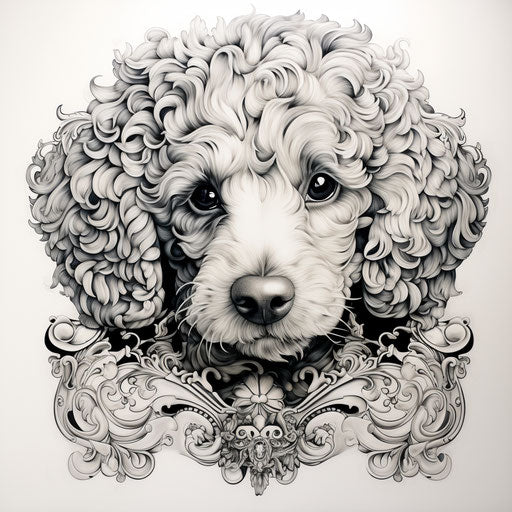 Detailed dog on white background, intricate ink drawing