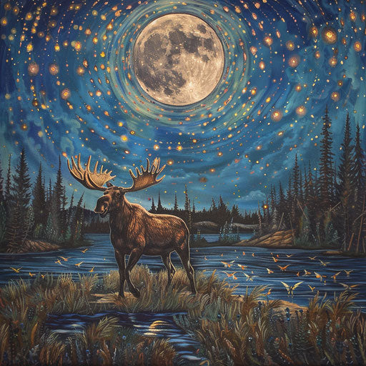 A moose dancing under the moon with a group of fireflies