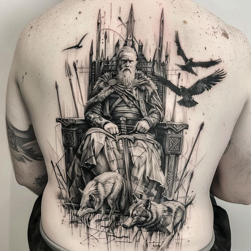 Majestic tattoo of Odin on his throne, flanked by ravens and wolves, with detailed Asgard