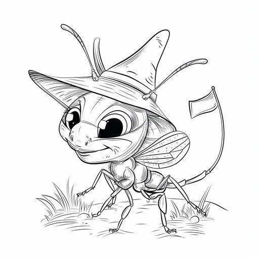 A playful ant with a hat and a flag. Coloring book page