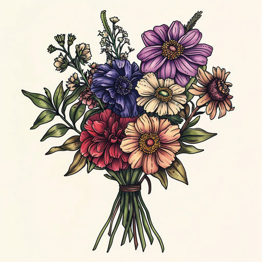 Flat tattoo sketch of a birth flower bouquet with anemones and zinnias