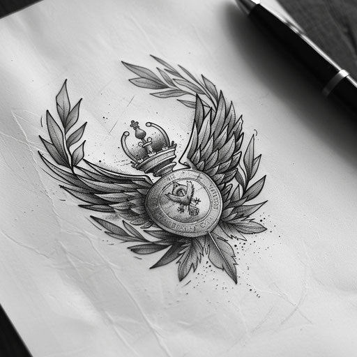 Blackwork tattoo design of a military badge and laurels on white background