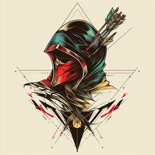 Dynamic clipart style flat tattoo sketch of an archer's hood with a dynamic arrow motif in striking colors