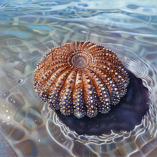 Sea urchin in shallow waters with intricate patterns on its shell
