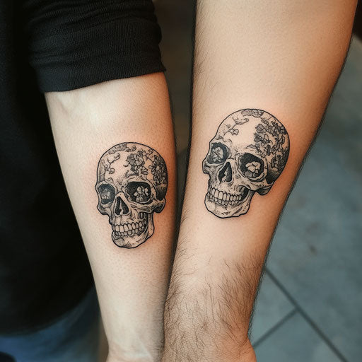 Father son tattoos of matching skulls with unique details