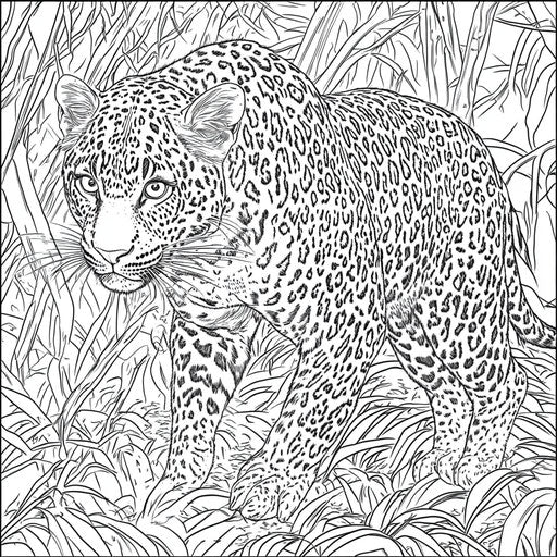 Realistic leopard in natural habitat, Stephen Wiltshire style, Coloring book page