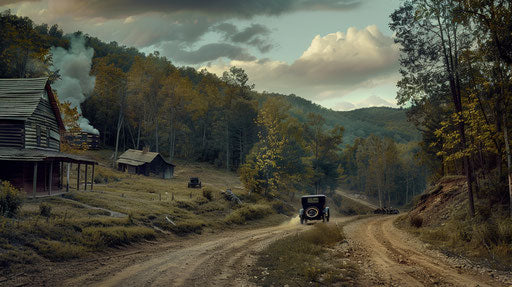 Colorized action photography of Appalachian Mountains with 1925 Model T speeding