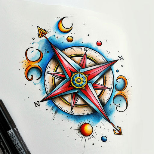 Whimsical tattoo sketch of a compass rose