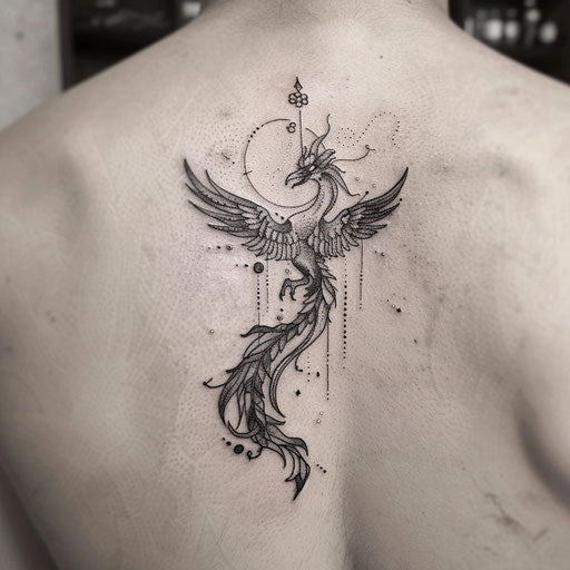 Phoenix tattoo with fine line in the style of Gerald Brom