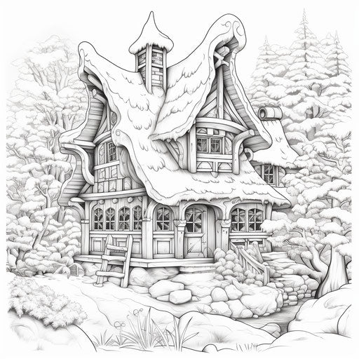 Winter scene coloring page with a cottage, in a fantasy influenced style, ilford pan f
