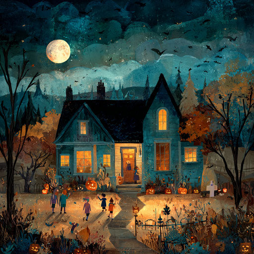 Vibrant and Spooky Halloween Night at a Rural House