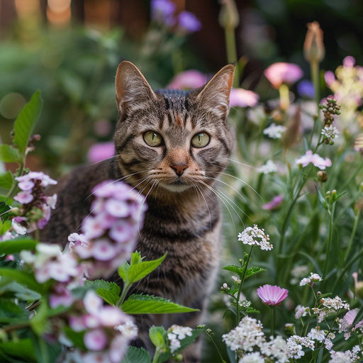Brown cat in a flower bed with beautiful flowers