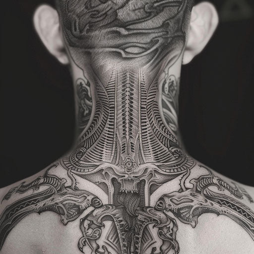 Elaborate biomechanical tattoo for men