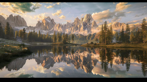 Forest, sunset, Dolomites mountains, reflective lake