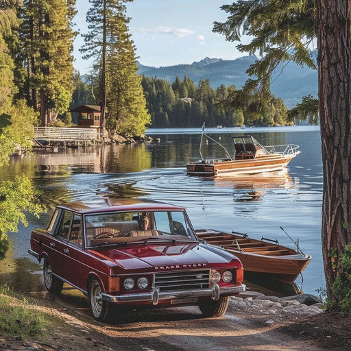 Vintage 1980 Range Rover pulling a wooden speedboat, set for lake weekend