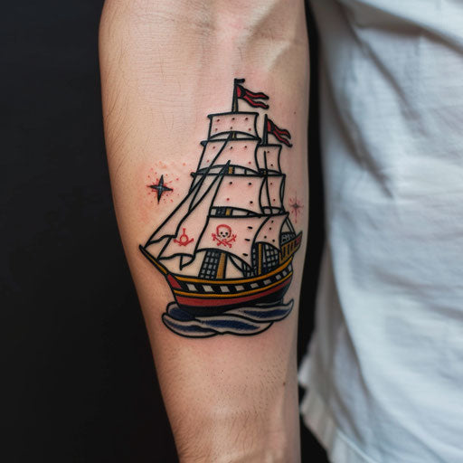 Simple tattoos for men of a pirate ship, in the style of Sailor Jerry