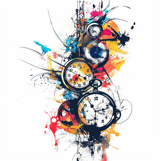 Abstract composition of time-related symbols and splashes of color