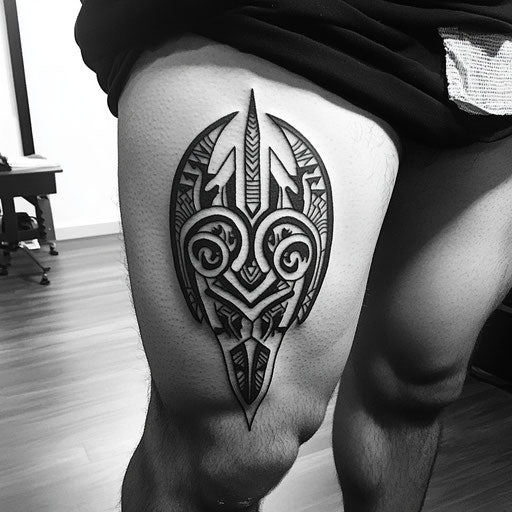 Thigh tattoo sketch with bold tribal design