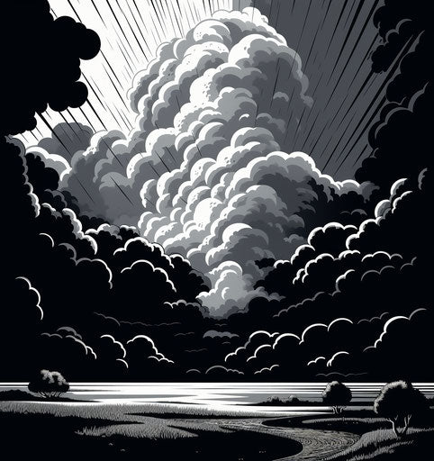 storm clouds rain thunder black and white cartoon style