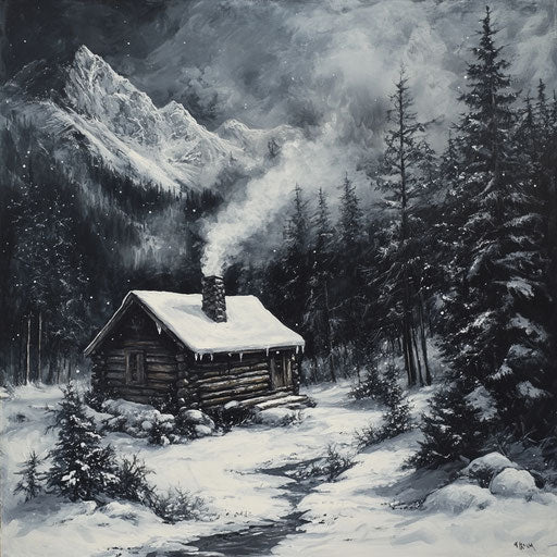 Wooden cabin in snowy mountains