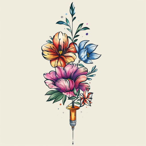 Whimsical single needle tattoo sketch with pastel floral accents