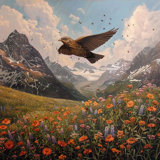 Wall creeper bird soaring over a field of wildflowers