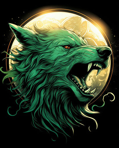 Wolf howling at moon and sun, classic tattoo style