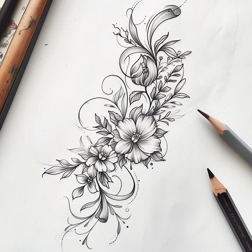 Botanical ribbon tattoo sketch with detailed illustrations