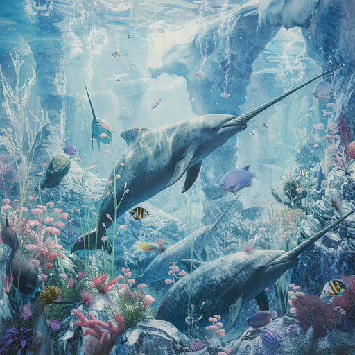 A pod of narwhals swimming below the ice, surrounded by vibrant aquatic life