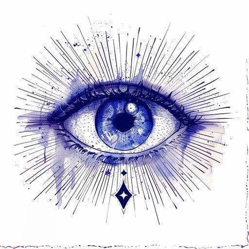 Illustration of Mystic Third Eye Chakra tattoo, indigo eye with light rays on white background