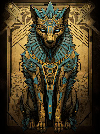 Egyptian tattered paper poster, neotraditional style, mythical beasts, dark bronze and light azure, official art, Olympus Pen F 93:125