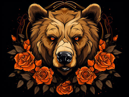 Bear design on brown background with roses and arrows, strong facial expression