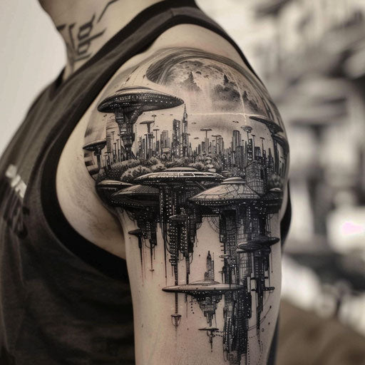 Futuristic shoulder tattoo with alien worlds and futuristic cities
