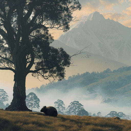 Wombat under a tree with misty mountains in the background